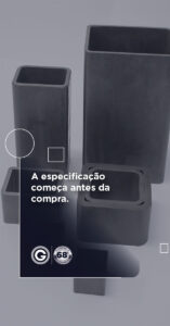 Portuguese banner text: 'A especificação começa antes da compra' over dark overlay with stacked metal square tubes in the background, logos bottom left.