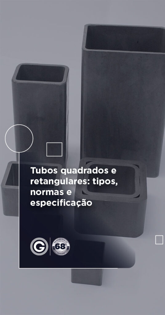Industrial photo of square and rectangular hollow metal tubes with a bold Portuguese title about tube types and standards.